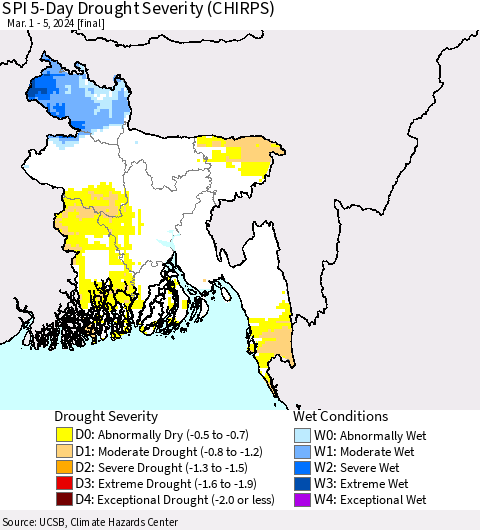 Bangladesh SPI 5-Day Drought Severity (CHIRPS) Thematic Map For 3/1/2024 - 3/5/2024
