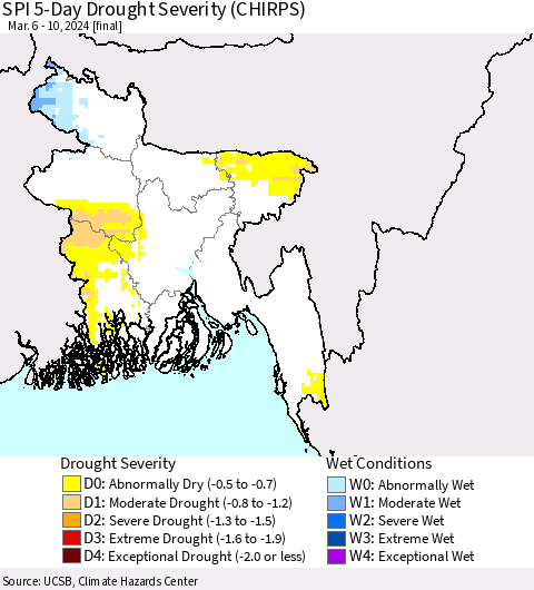 Bangladesh SPI 5-Day Drought Severity (CHIRPS) Thematic Map For 3/6/2024 - 3/10/2024