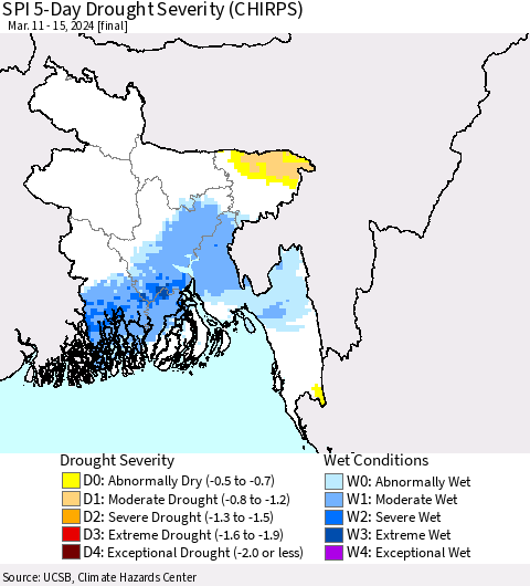 Bangladesh SPI 5-Day Drought Severity (CHIRPS) Thematic Map For 3/11/2024 - 3/15/2024