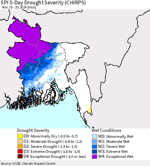 Bangladesh SPI 5-Day Drought Severity (CHIRPS) Thematic Map For 3/16/2024 - 3/20/2024