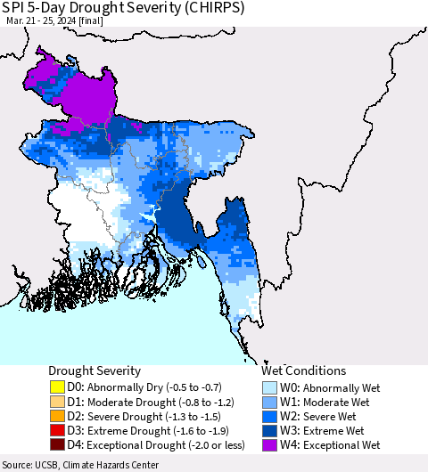 Bangladesh SPI 5-Day Drought Severity (CHIRPS) Thematic Map For 3/21/2024 - 3/25/2024