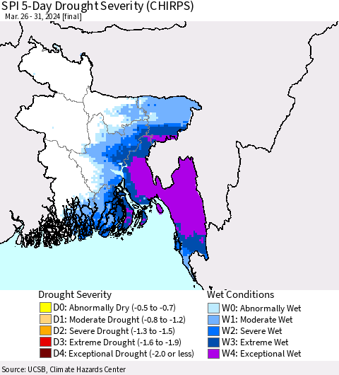 Bangladesh SPI 5-Day Drought Severity (CHIRPS) Thematic Map For 3/26/2024 - 3/31/2024