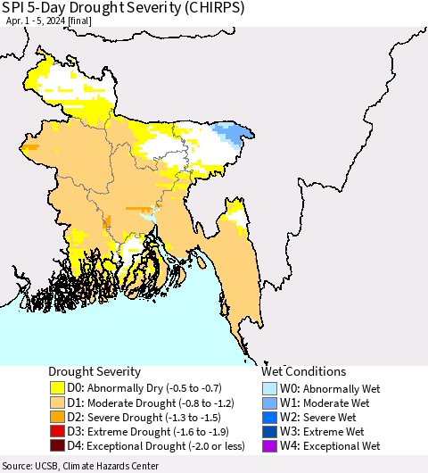 Bangladesh SPI 5-Day Drought Severity (CHIRPS) Thematic Map For 4/1/2024 - 4/5/2024