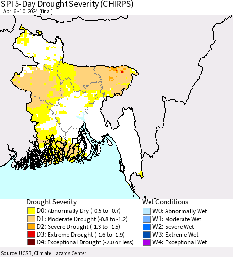 Bangladesh SPI 5-Day Drought Severity (CHIRPS) Thematic Map For 4/6/2024 - 4/10/2024