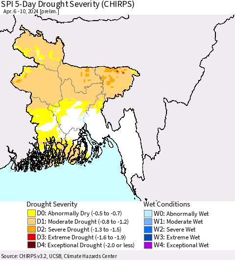 Bangladesh SPI 5-Day Drought Severity (CHIRPS) Thematic Map For 4/6/2024 - 4/10/2024