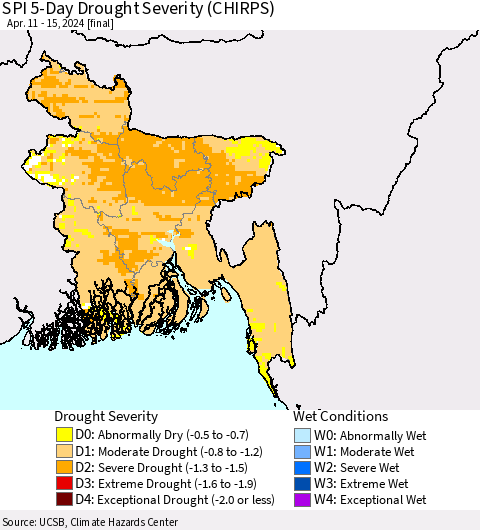 Bangladesh SPI 5-Day Drought Severity (CHIRPS) Thematic Map For 4/11/2024 - 4/15/2024