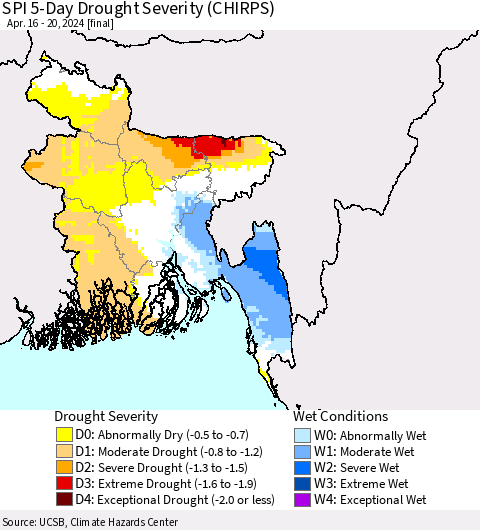 Bangladesh SPI 5-Day Drought Severity (CHIRPS) Thematic Map For 4/16/2024 - 4/20/2024