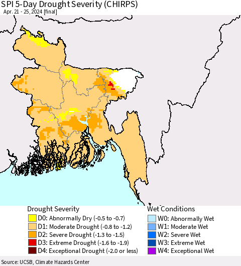 Bangladesh SPI 5-Day Drought Severity (CHIRPS) Thematic Map For 4/21/2024 - 4/25/2024