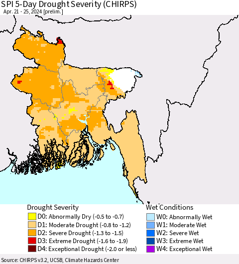 Bangladesh SPI 5-Day Drought Severity (CHIRPS) Thematic Map For 4/21/2024 - 4/25/2024