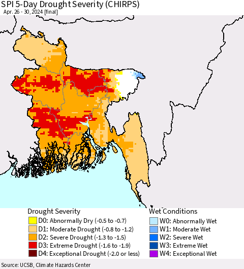 Bangladesh SPI 5-Day Drought Severity (CHIRPS) Thematic Map For 4/26/2024 - 4/30/2024