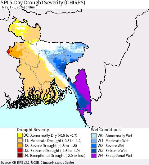 Bangladesh SPI 5-Day Drought Severity (CHIRPS) Thematic Map For 5/1/2024 - 5/5/2024