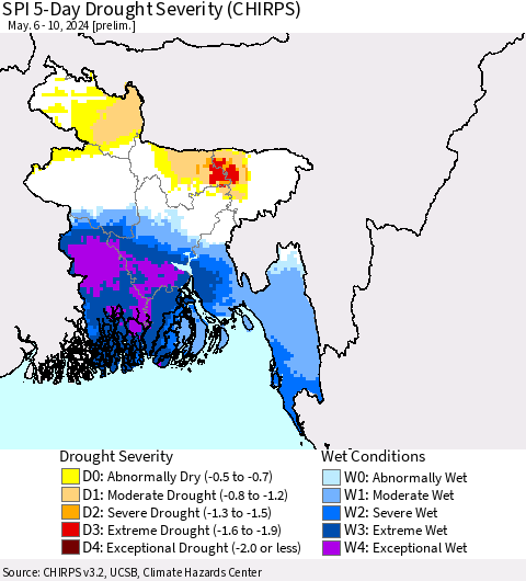 Bangladesh SPI 5-Day Drought Severity (CHIRPS) Thematic Map For 5/6/2024 - 5/10/2024