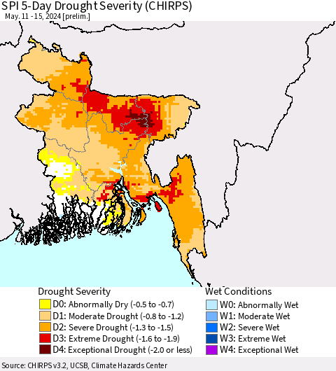 Bangladesh SPI 5-Day Drought Severity (CHIRPS) Thematic Map For 5/11/2024 - 5/15/2024