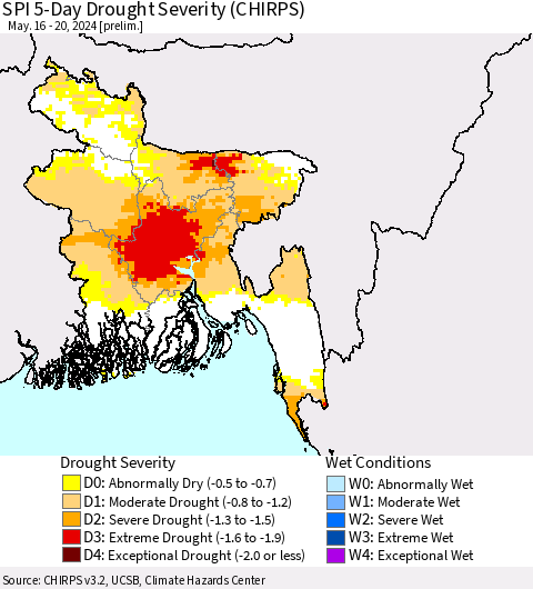 Bangladesh SPI 5-Day Drought Severity (CHIRPS) Thematic Map For 5/16/2024 - 5/20/2024