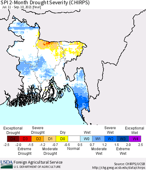 Bangladesh SPI 2-Month Drought Severity (CHIRPS) Thematic Map For 7/11/2021 - 9/10/2021
