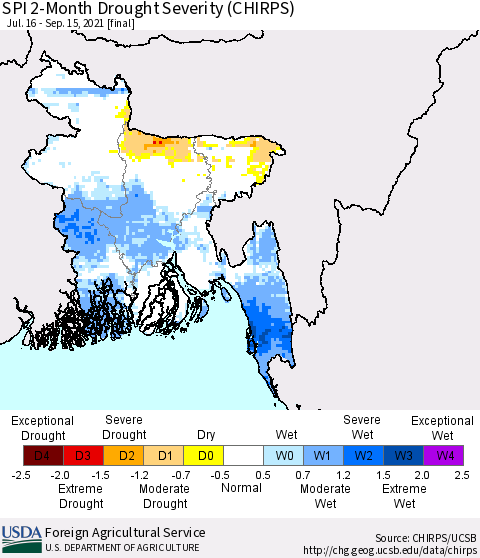 Bangladesh SPI 2-Month Drought Severity (CHIRPS) Thematic Map For 7/16/2021 - 9/15/2021