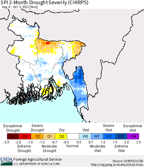 Bangladesh SPI 2-Month Drought Severity (CHIRPS) Thematic Map For 8/6/2021 - 10/5/2021