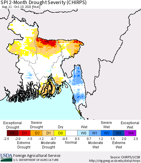 Bangladesh SPI 2-Month Drought Severity (CHIRPS) Thematic Map For 8/11/2021 - 10/10/2021