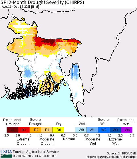 Bangladesh SPI 2-Month Drought Severity (CHIRPS) Thematic Map For 8/16/2021 - 10/15/2021