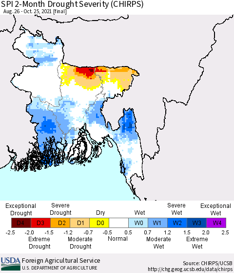 Bangladesh SPI 2-Month Drought Severity (CHIRPS) Thematic Map For 8/26/2021 - 10/25/2021