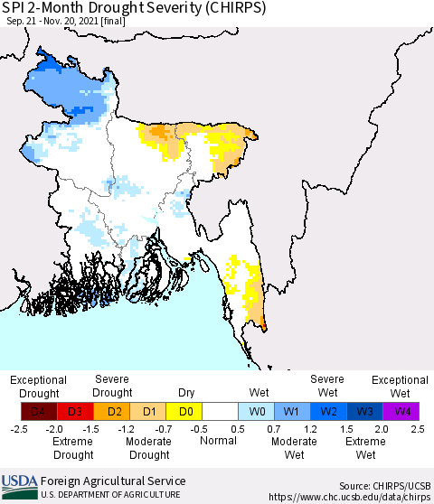 Bangladesh SPI 2-Month Drought Severity (CHIRPS) Thematic Map For 9/21/2021 - 11/20/2021