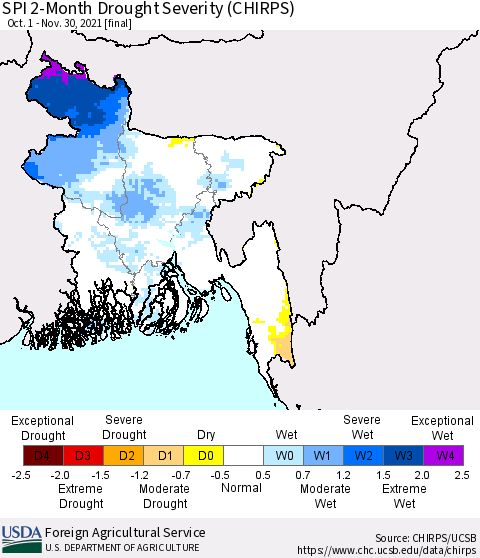 Bangladesh SPI 2-Month Drought Severity (CHIRPS) Thematic Map For 10/1/2021 - 11/30/2021