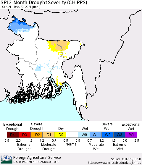 Bangladesh SPI 2-Month Drought Severity (CHIRPS) Thematic Map For 10/21/2021 - 12/20/2021