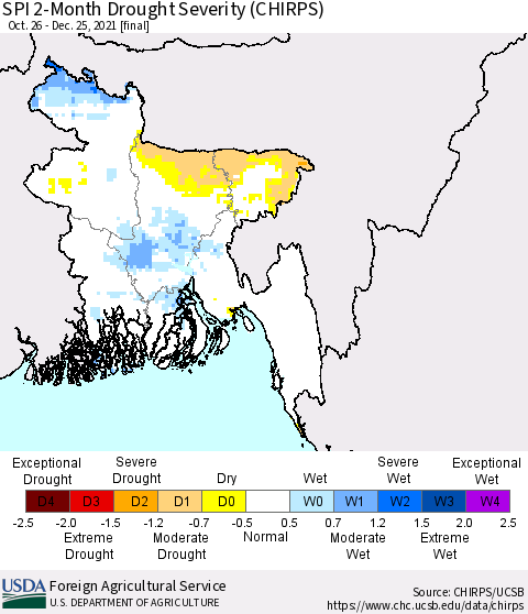 Bangladesh SPI 2-Month Drought Severity (CHIRPS) Thematic Map For 10/26/2021 - 12/25/2021