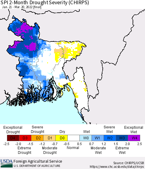 Bangladesh SPI 2-Month Drought Severity (CHIRPS) Thematic Map For 1/21/2022 - 3/20/2022