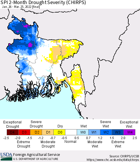 Bangladesh SPI 2-Month Drought Severity (CHIRPS) Thematic Map For 1/26/2022 - 3/25/2022