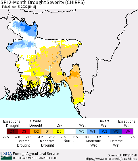 Bangladesh SPI 2-Month Drought Severity (CHIRPS) Thematic Map For 2/6/2022 - 4/5/2022