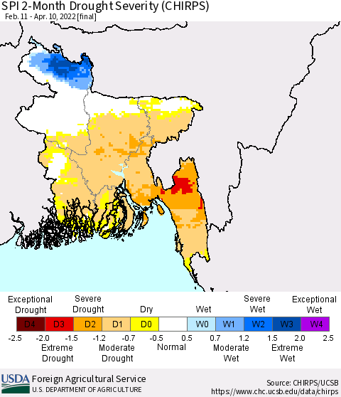 Bangladesh SPI 2-Month Drought Severity (CHIRPS) Thematic Map For 2/11/2022 - 4/10/2022