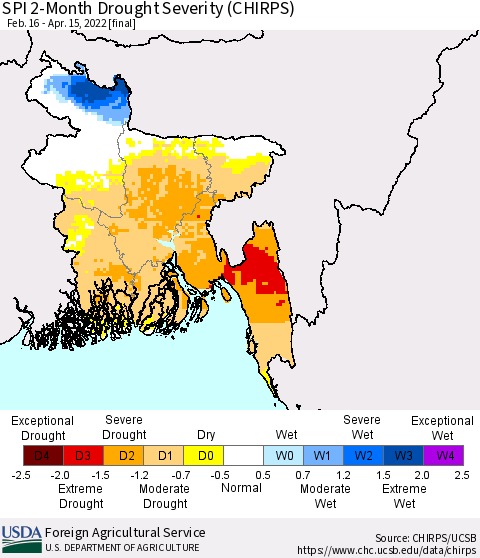 Bangladesh SPI 2-Month Drought Severity (CHIRPS) Thematic Map For 2/16/2022 - 4/15/2022