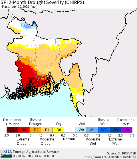 Bangladesh SPI 2-Month Drought Severity (CHIRPS) Thematic Map For 3/1/2022 - 4/30/2022