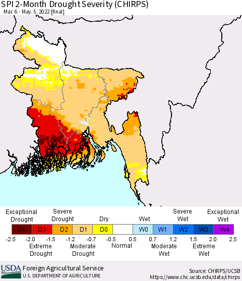 Bangladesh SPI 2-Month Drought Severity (CHIRPS) Thematic Map For 3/6/2022 - 5/5/2022
