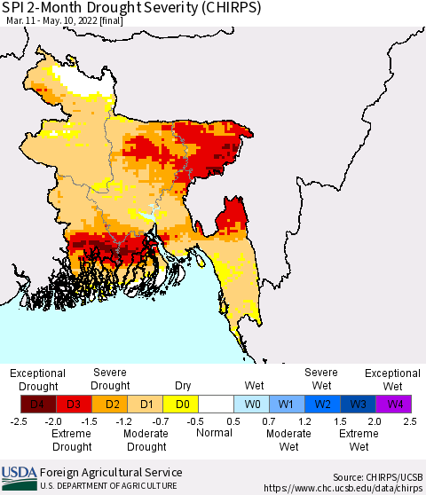 Bangladesh SPI 2-Month Drought Severity (CHIRPS) Thematic Map For 3/11/2022 - 5/10/2022