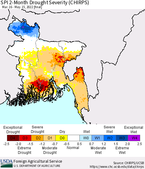 Bangladesh SPI 2-Month Drought Severity (CHIRPS) Thematic Map For 3/16/2022 - 5/15/2022