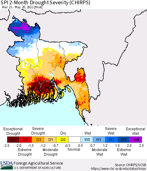 Bangladesh SPI 2-Month Drought Severity (CHIRPS) Thematic Map For 3/21/2022 - 5/20/2022