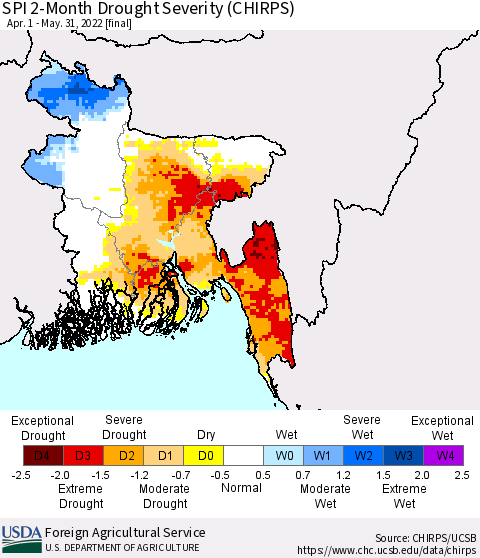 Bangladesh SPI 2-Month Drought Severity (CHIRPS) Thematic Map For 4/1/2022 - 5/31/2022