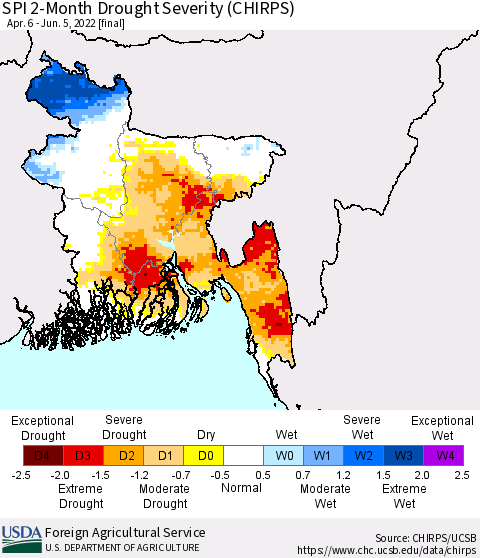 Bangladesh SPI 2-Month Drought Severity (CHIRPS) Thematic Map For 4/6/2022 - 6/5/2022