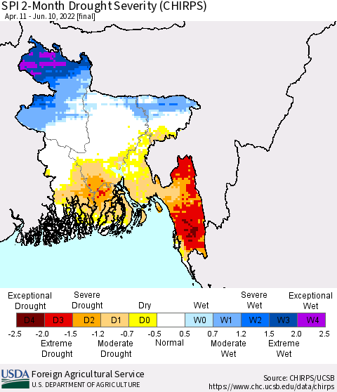Bangladesh SPI 2-Month Drought Severity (CHIRPS) Thematic Map For 4/11/2022 - 6/10/2022