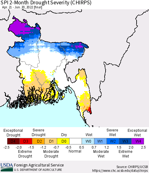 Bangladesh SPI 2-Month Drought Severity (CHIRPS) Thematic Map For 4/21/2022 - 6/20/2022