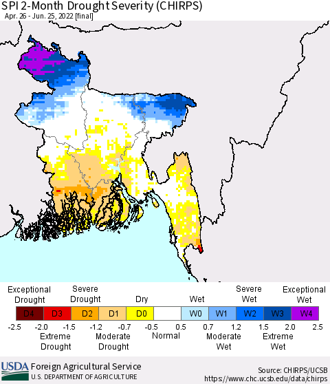 Bangladesh SPI 2-Month Drought Severity (CHIRPS) Thematic Map For 4/26/2022 - 6/25/2022