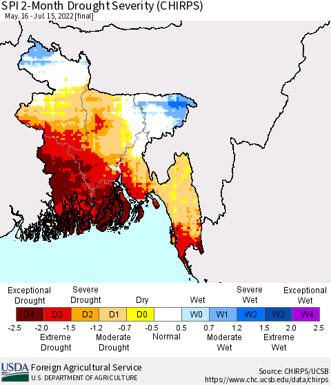 Bangladesh SPI 2-Month Drought Severity (CHIRPS) Thematic Map For 5/16/2022 - 7/15/2022