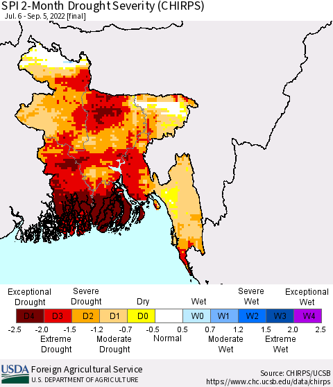 Bangladesh SPI 2-Month Drought Severity (CHIRPS) Thematic Map For 7/6/2022 - 9/5/2022