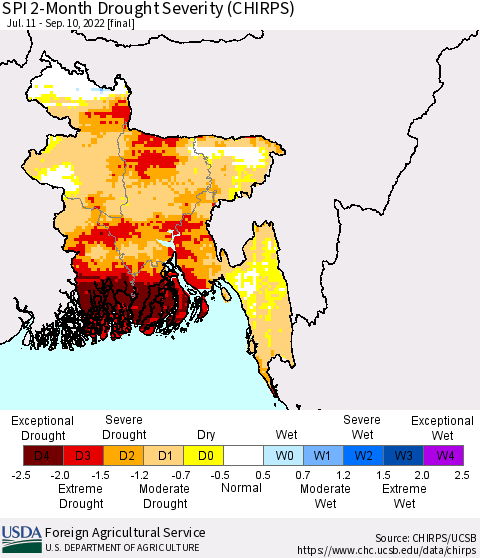 Bangladesh SPI 2-Month Drought Severity (CHIRPS) Thematic Map For 7/11/2022 - 9/10/2022