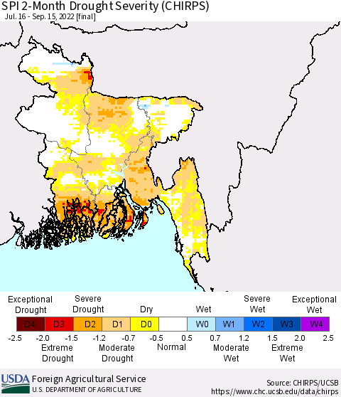 Bangladesh SPI 2-Month Drought Severity (CHIRPS) Thematic Map For 7/16/2022 - 9/15/2022