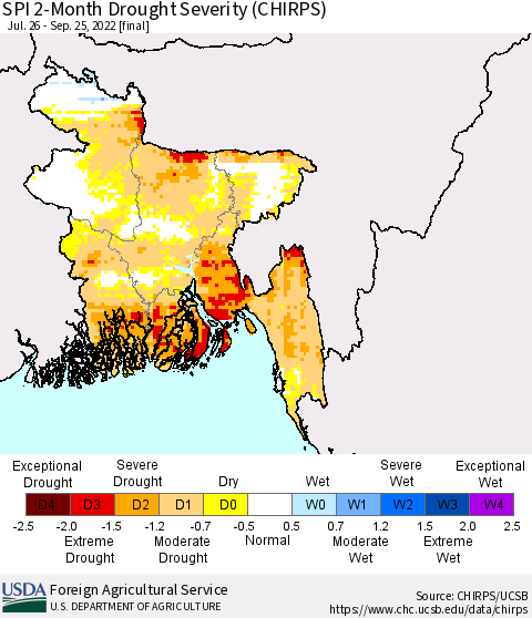 Bangladesh SPI 2-Month Drought Severity (CHIRPS) Thematic Map For 7/26/2022 - 9/25/2022