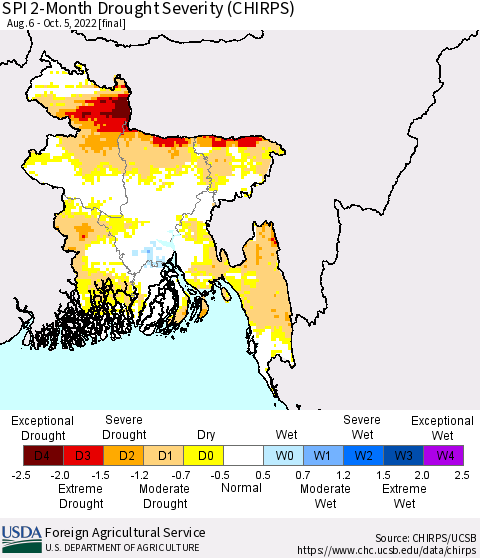 Bangladesh SPI 2-Month Drought Severity (CHIRPS) Thematic Map For 8/6/2022 - 10/5/2022