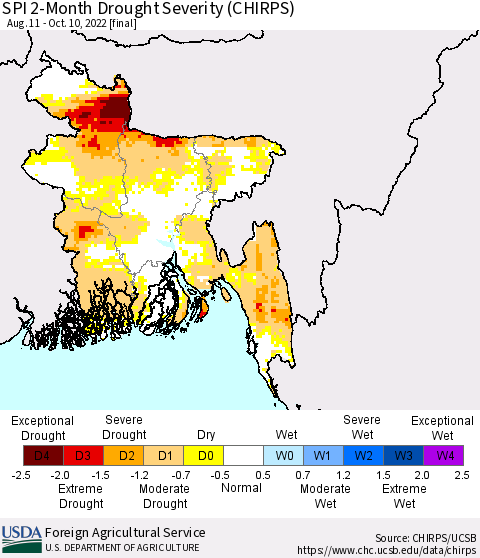 Bangladesh SPI 2-Month Drought Severity (CHIRPS) Thematic Map For 8/11/2022 - 10/10/2022
